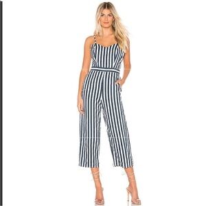 MOTHER  Size Medium Linen The Cut It Out Striped Jumpsuit Sea Daze Navy Coastal